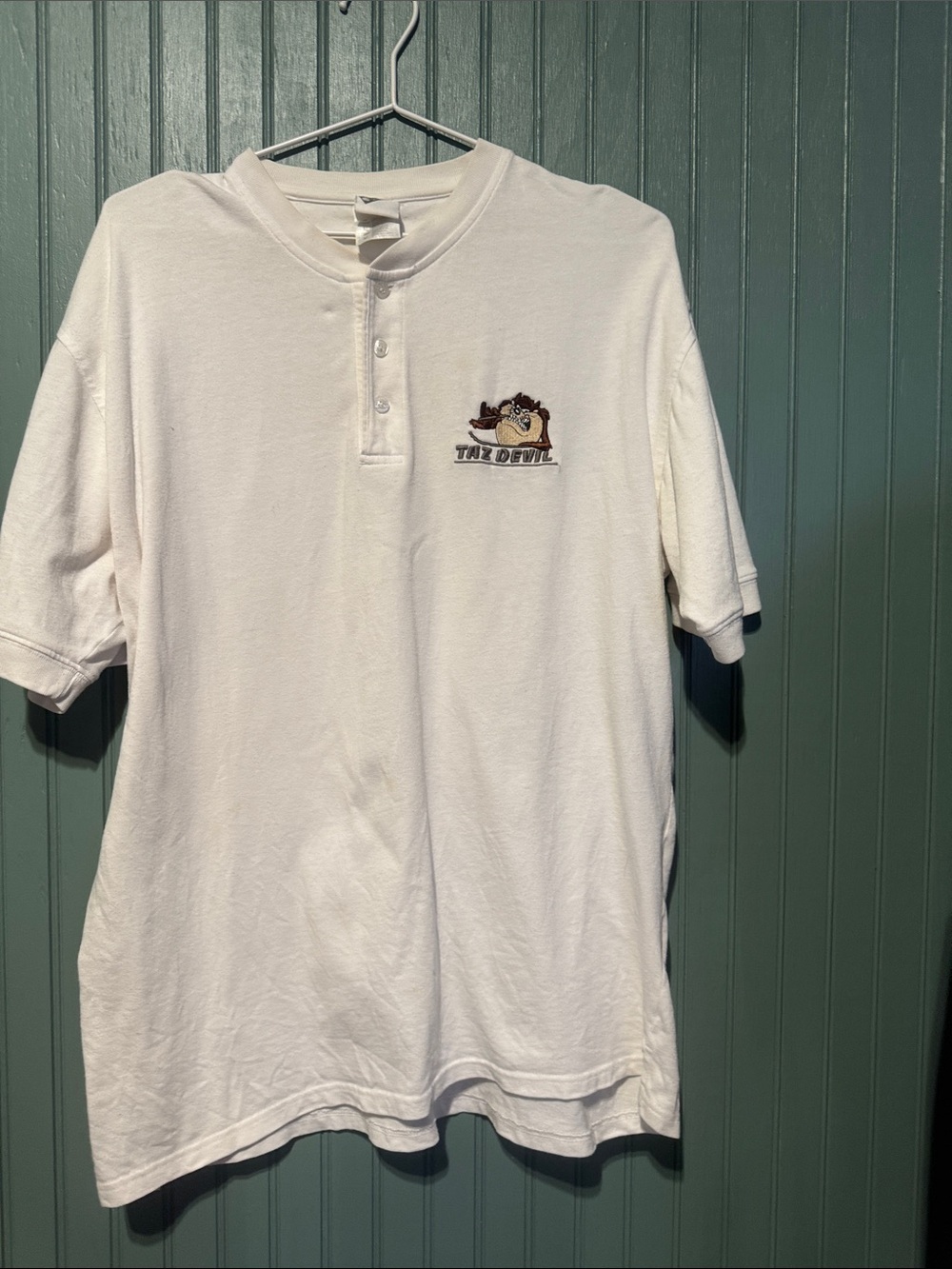 Warner Bros. Tasmanian Devil White Henley Polo with Taz Devil Embroidered Patch
